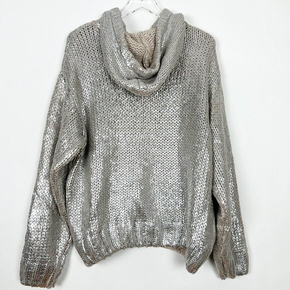 Zara Sweater Women's Large Metallic Silver Foil Hooded Knit Pullover Sweatshirt - Picture 13 of 15
